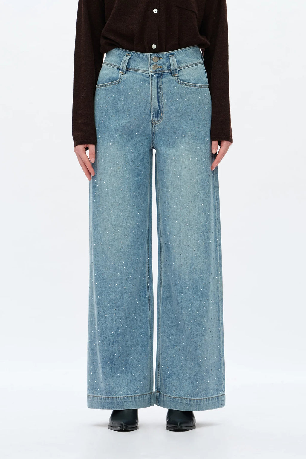Rhinestone Embellished Wide Leg Jeans