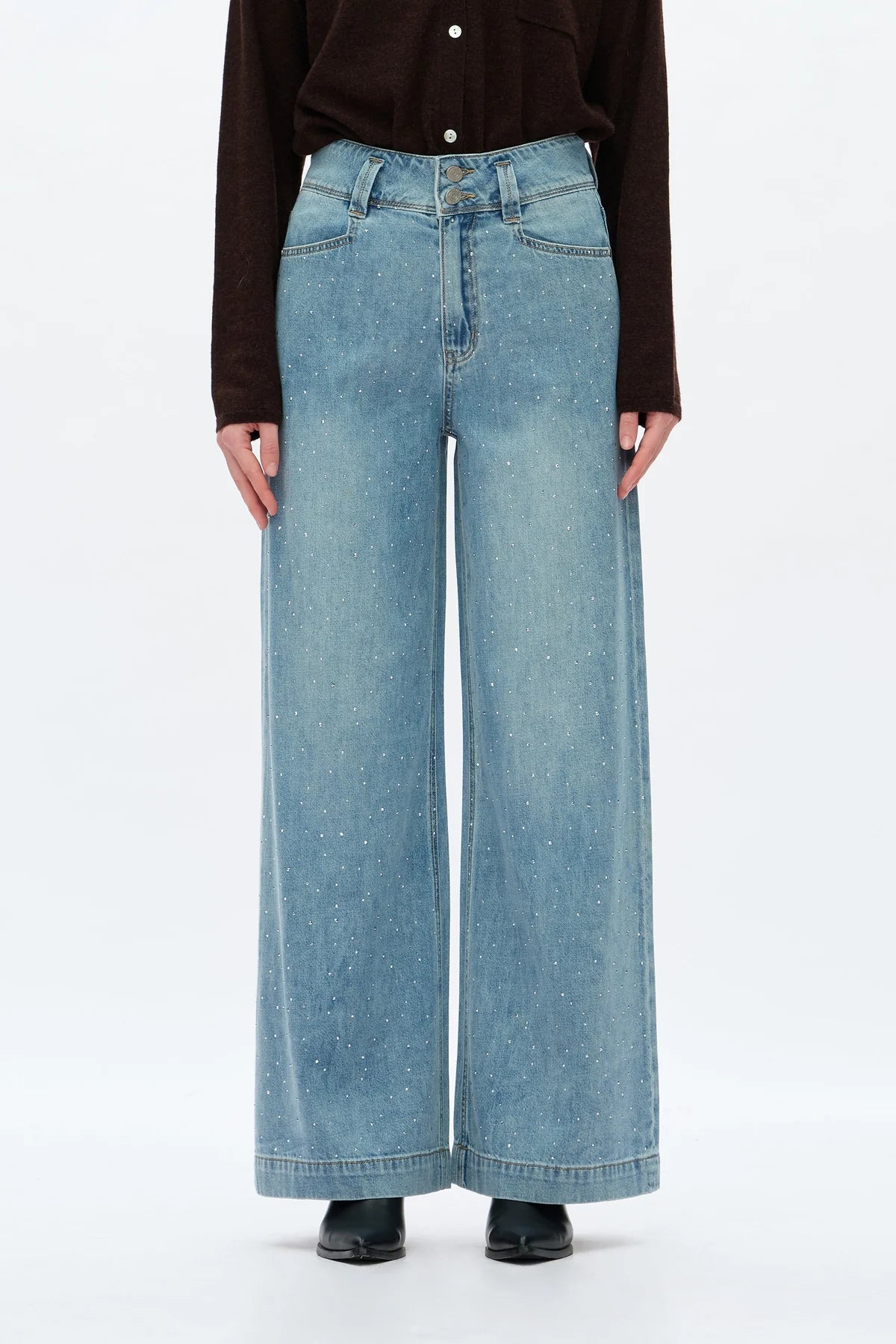 Rhinestone Embellished Wide Leg Jeans