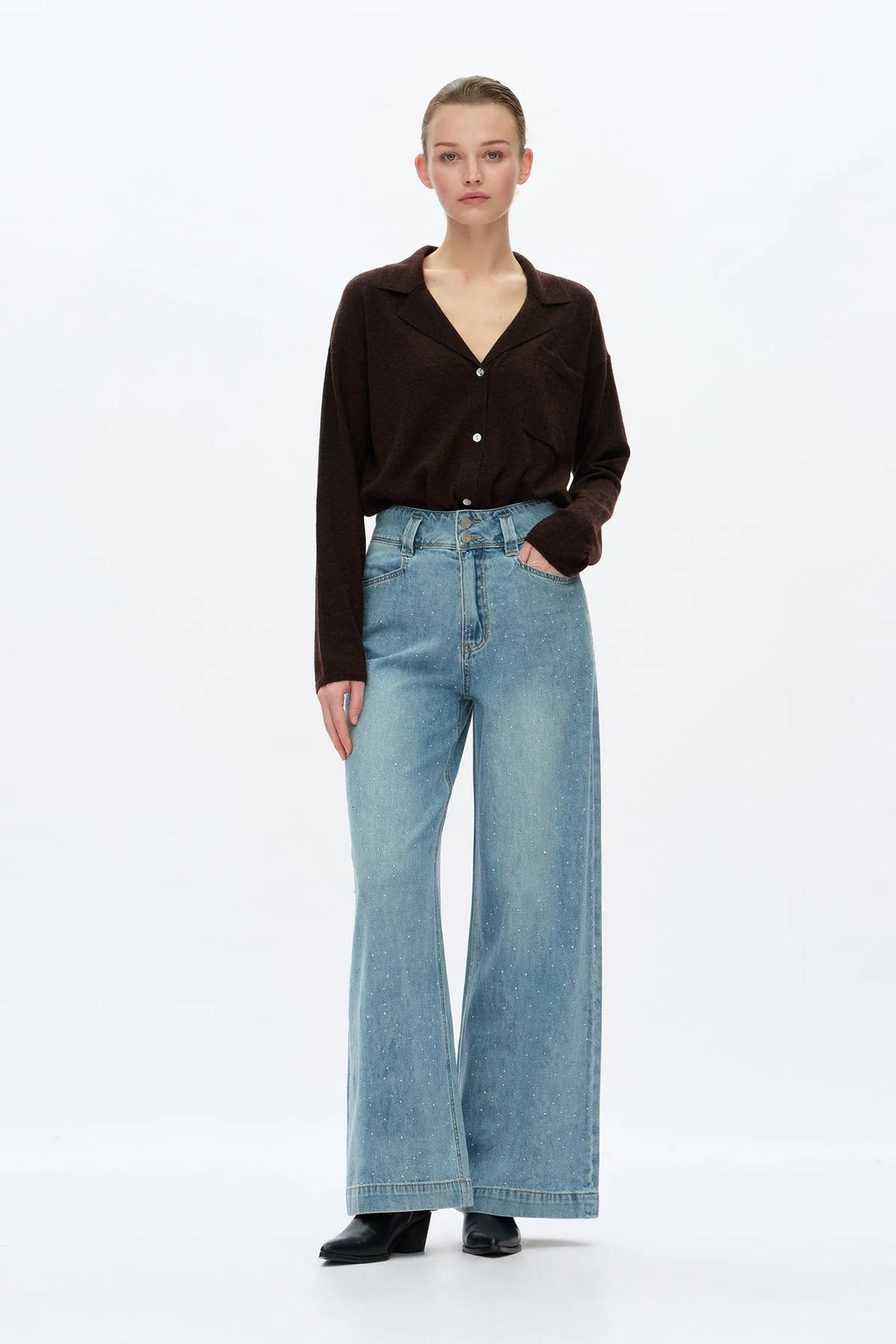 Rhinestone Embellished Wide Leg Jeans