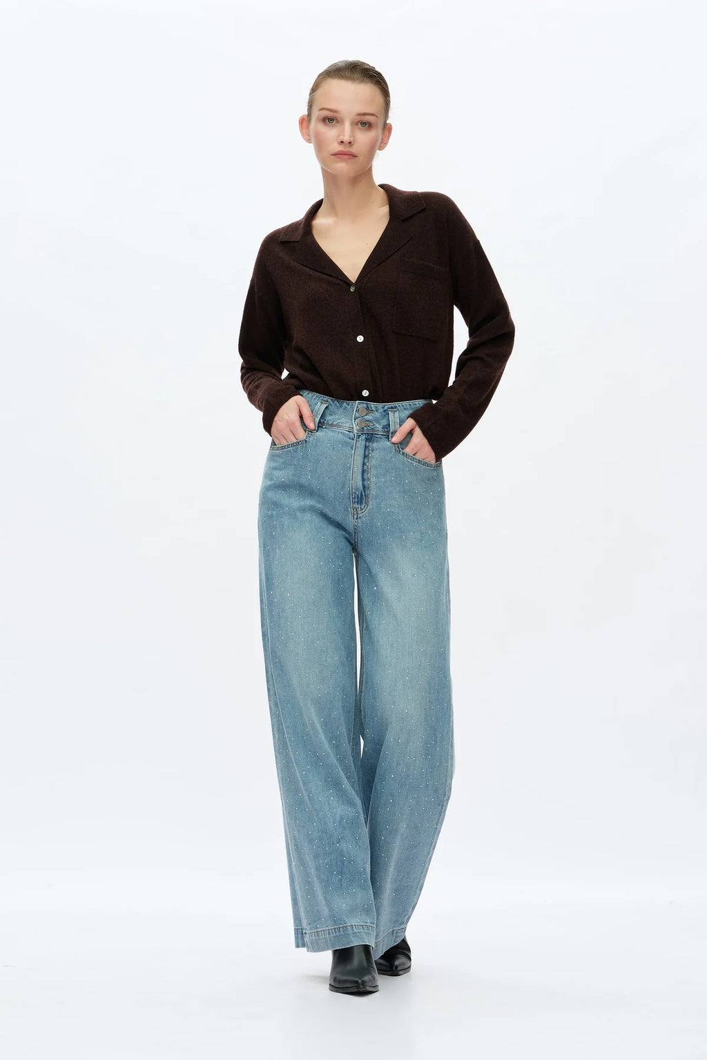 Rhinestone Embellished Wide Leg Jeans