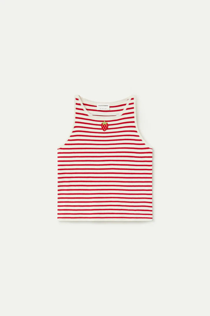 White and red striped top with strawberry embroidery