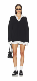 Lyle Collared Sweater Dress in White & Black Knit