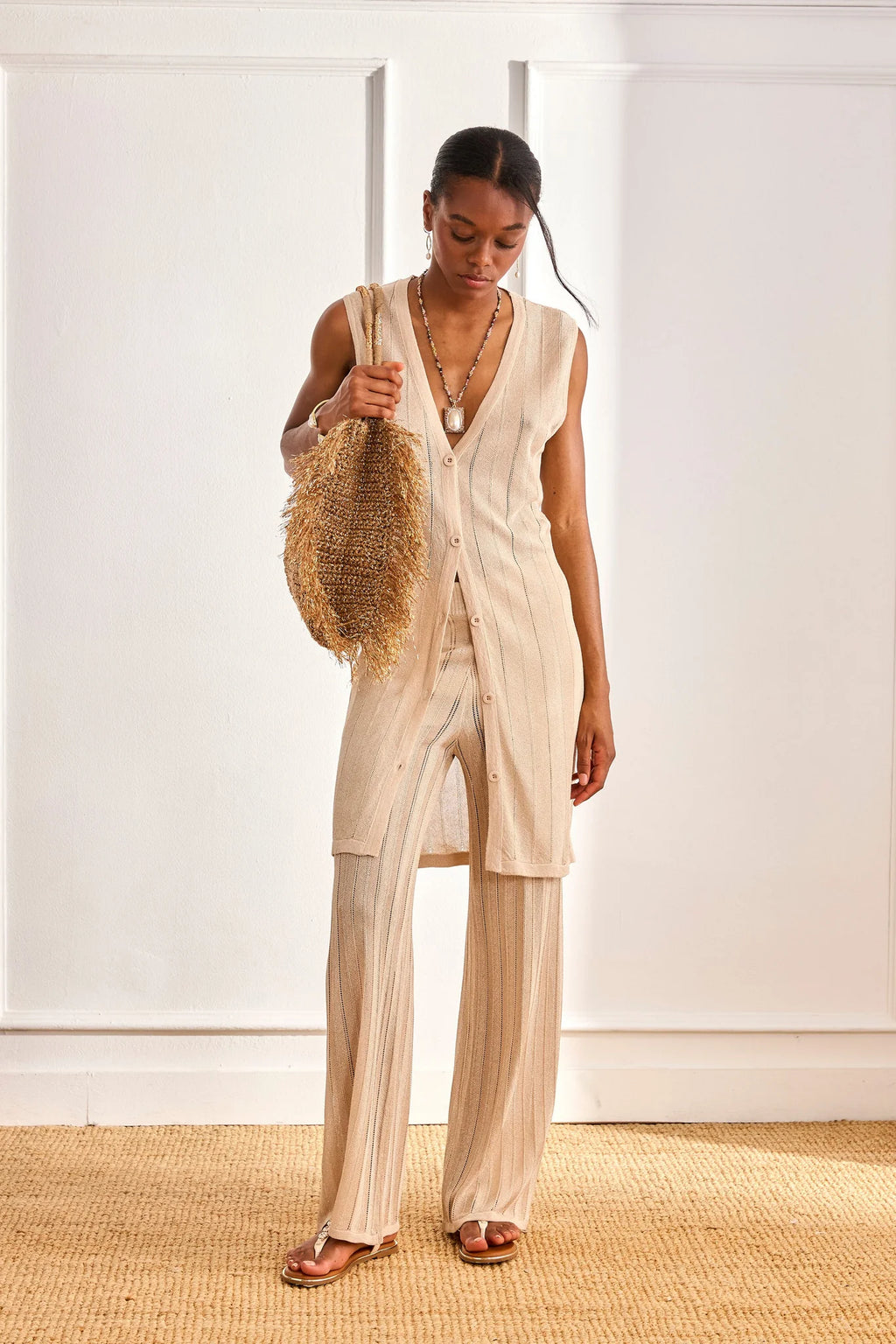 Lurex Knit Trousers - Camel