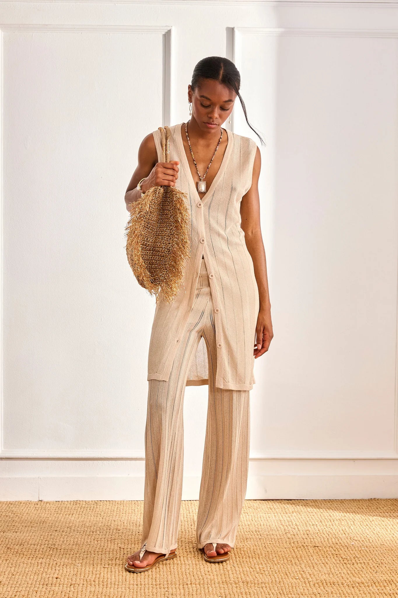 Lurex Knit Trousers - Camel