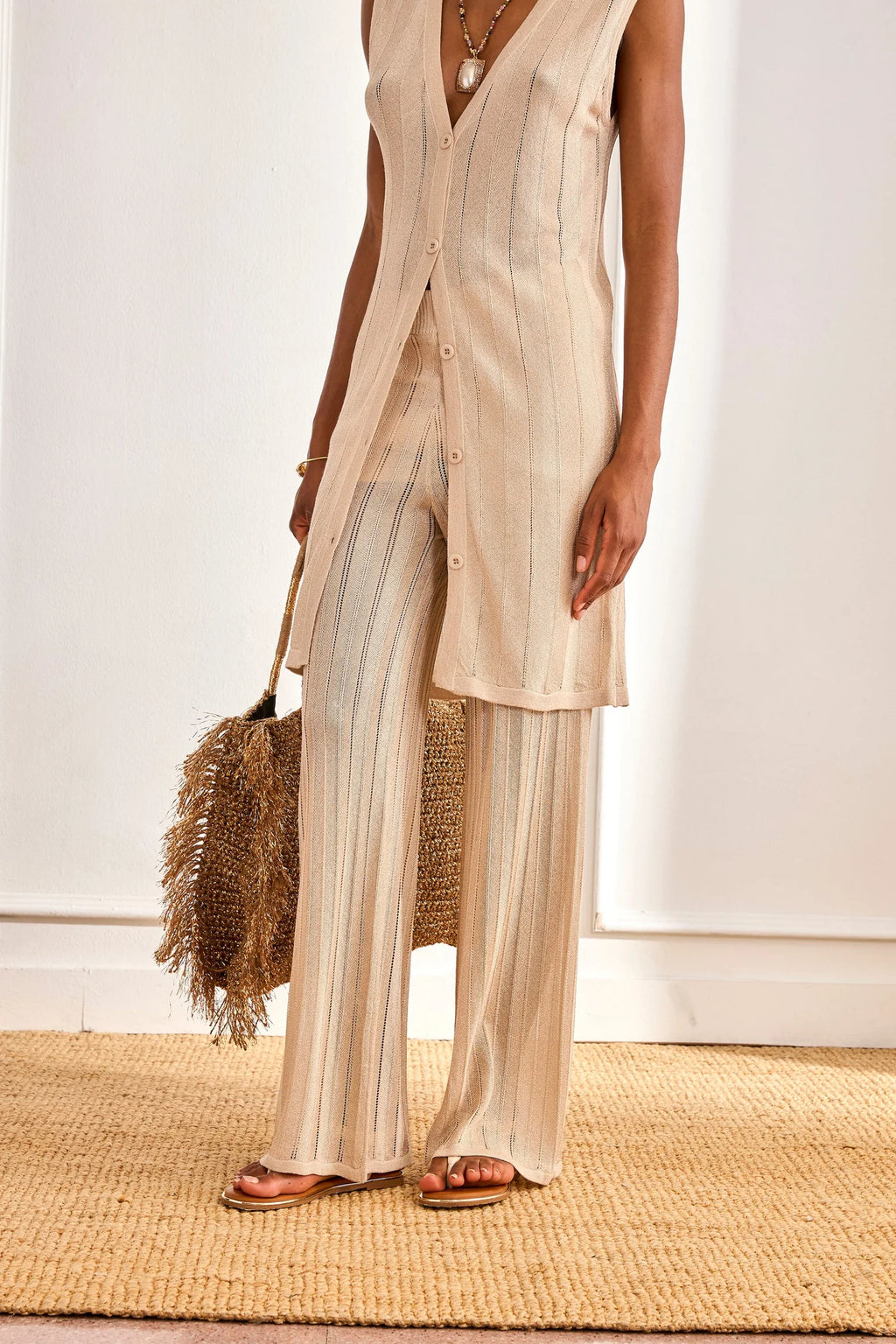 Lurex Knit Trousers - Camel