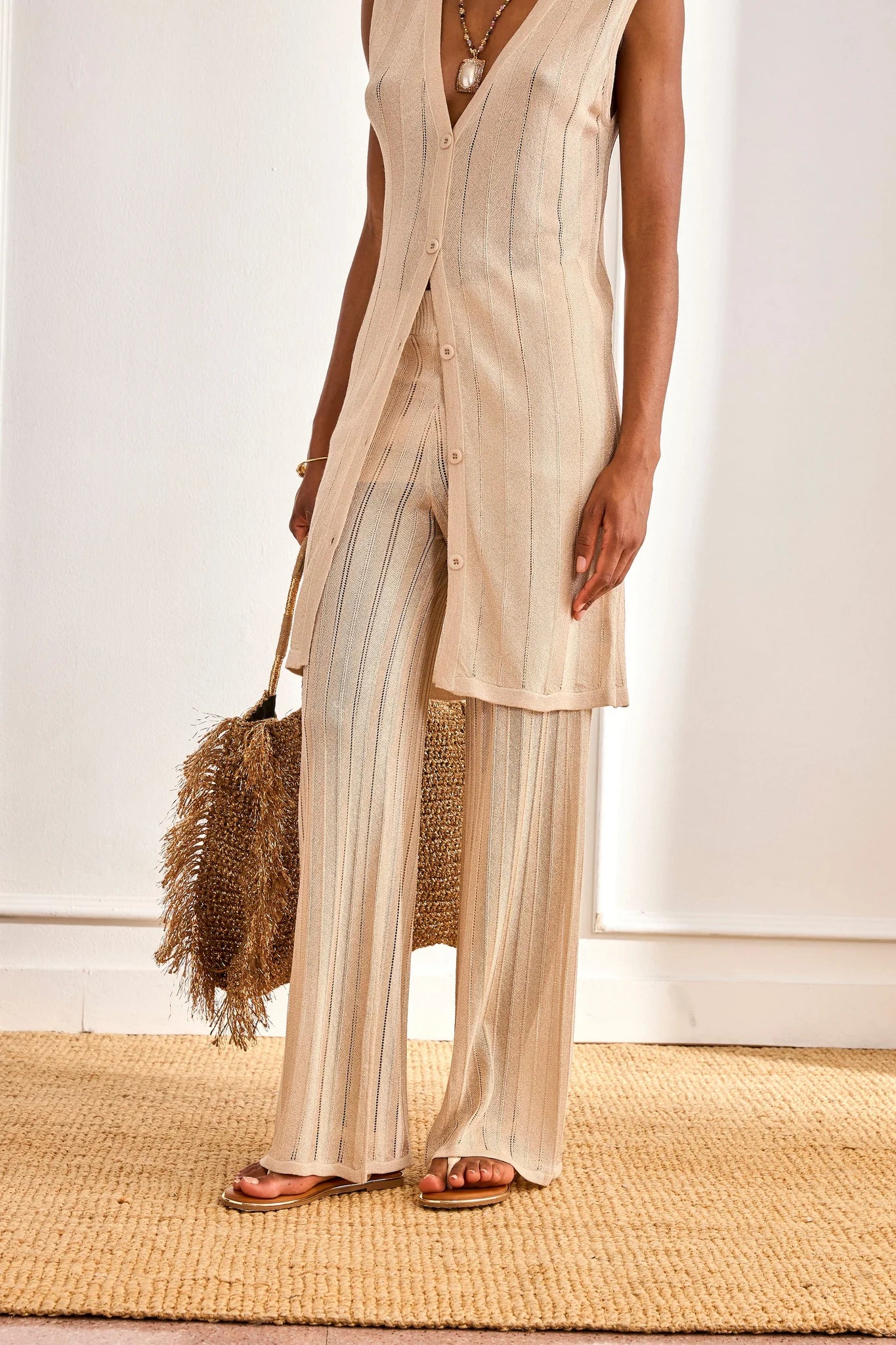 Lurex Knit Trousers - Camel