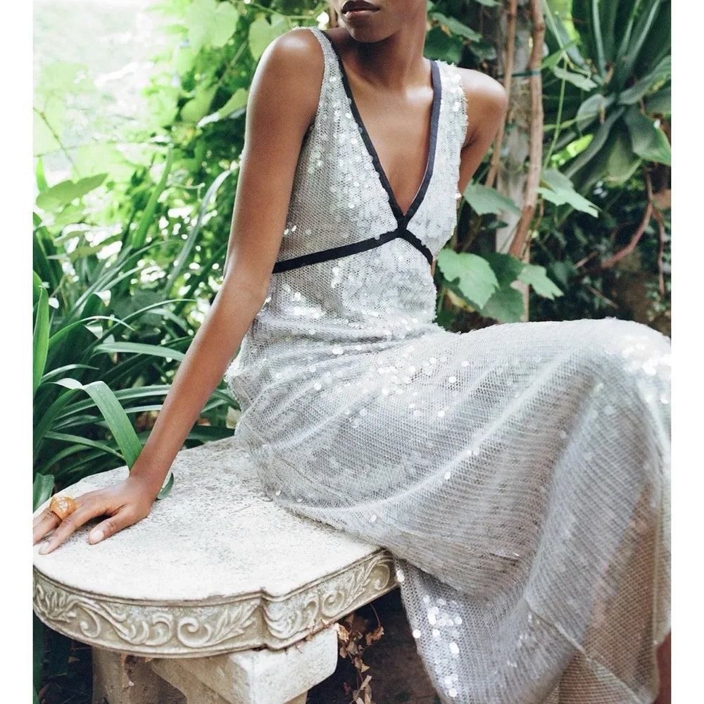 Silver Sequin Mesh Dress